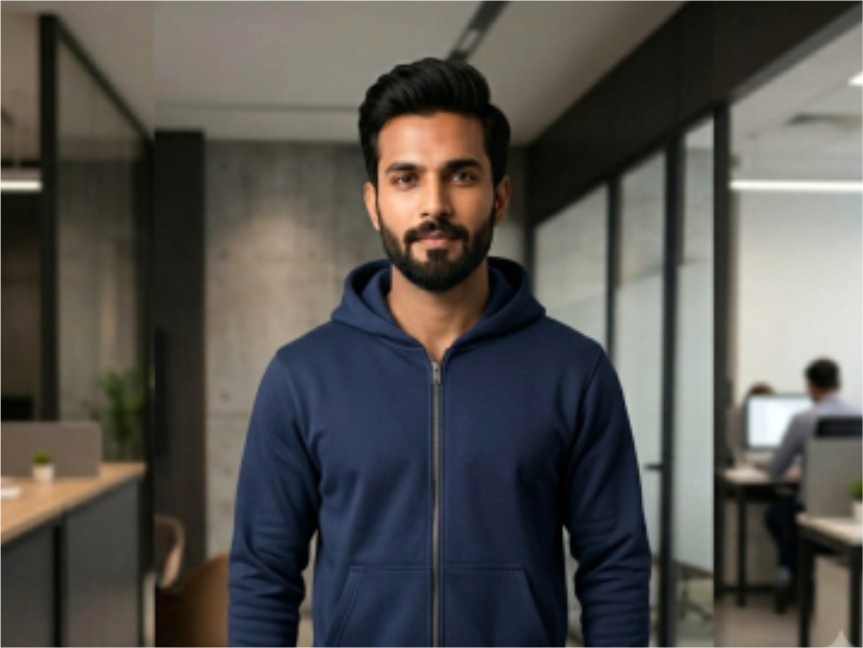 Plain navy blue zipper hoodie with kangaroo pockets on a table