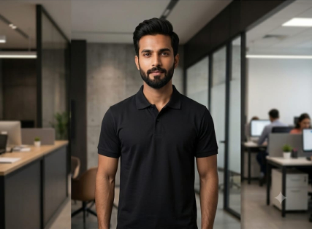 Plain black polo collar t-shirt for corporate clothing and custom branding