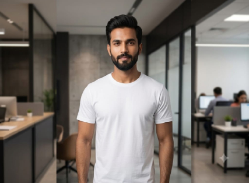 Plain white round neck t-shirt on a wooden table, wholesale apparel Delhi